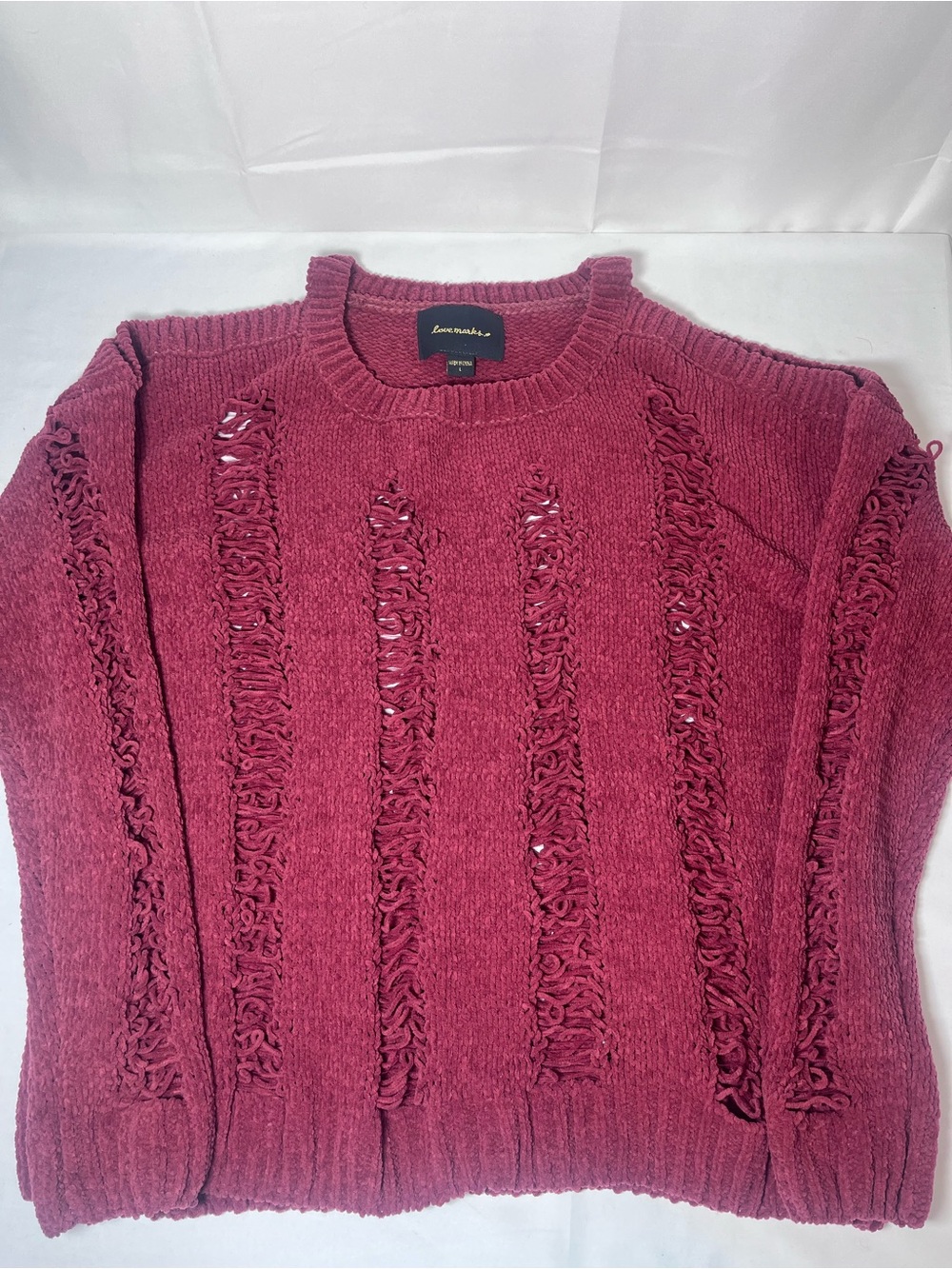 Love Marks Raspberry-Red Crewneck Sweater with Fringe Panels